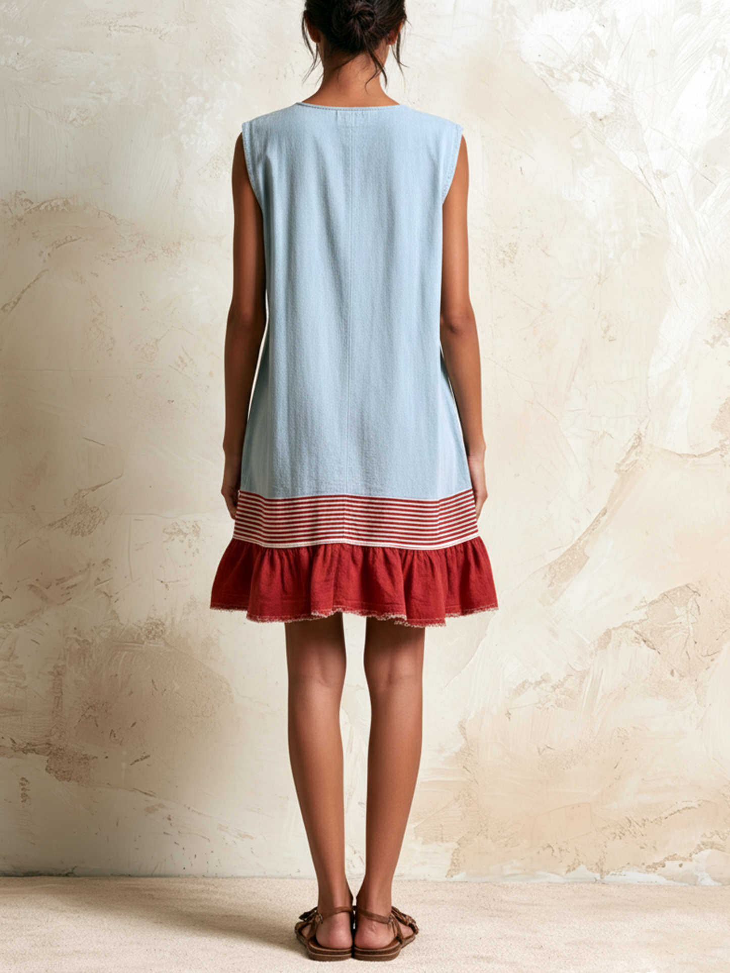 Light Blue Sleeveless Tunic Dress With Red Stripe And Ruffled Hem