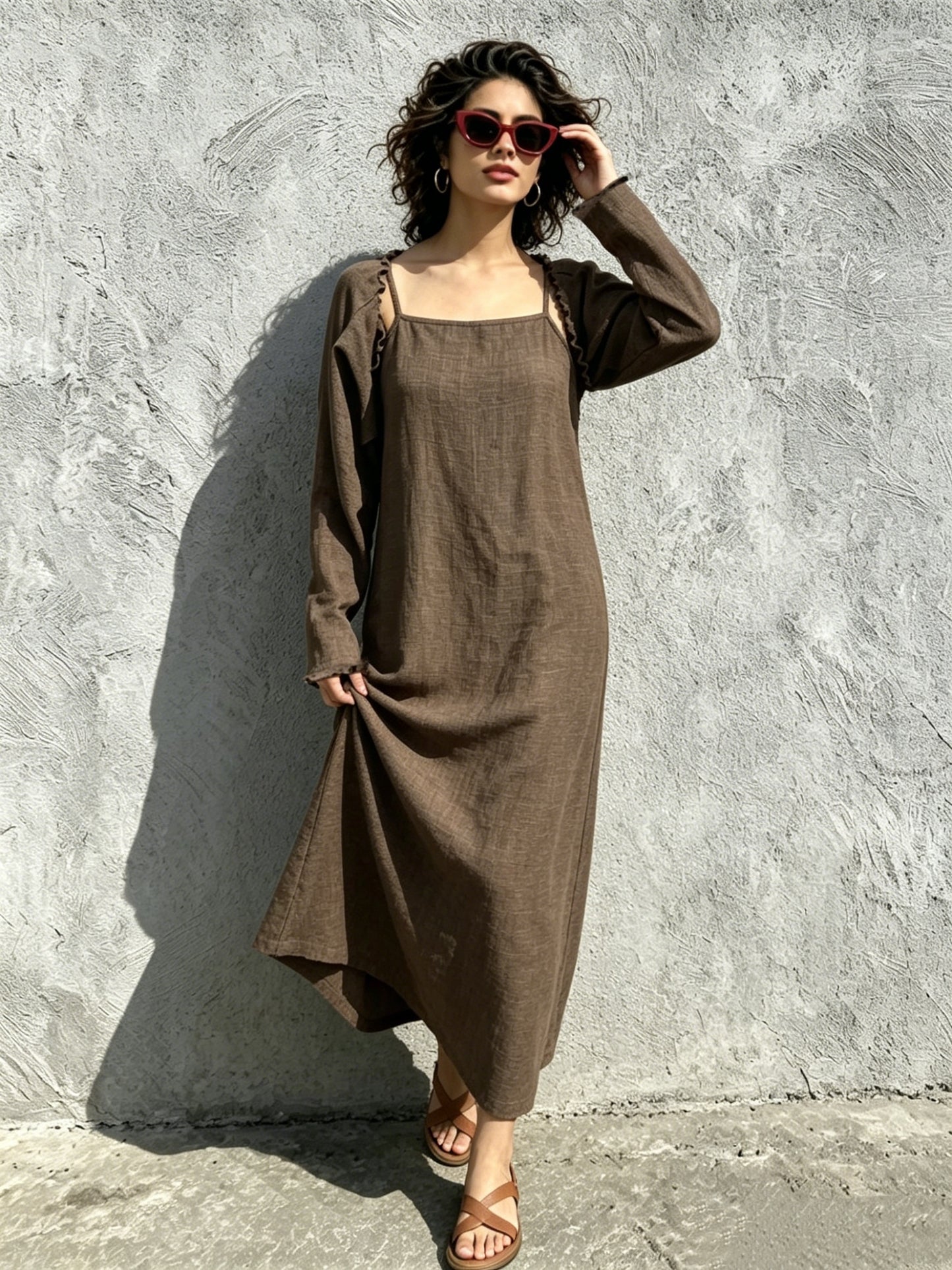 Women Linen Look Cami Dress 2pcs Set Long Sleeve Shrug + Square Neck Midi Cami Dress Casual Beach Matching Outfit