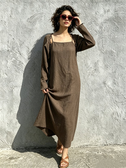Women Linen Look Cami Dress 2pcs Set Long Sleeve Shrug + Square Neck Midi Cami Dress Casual Beach Matching Outfit