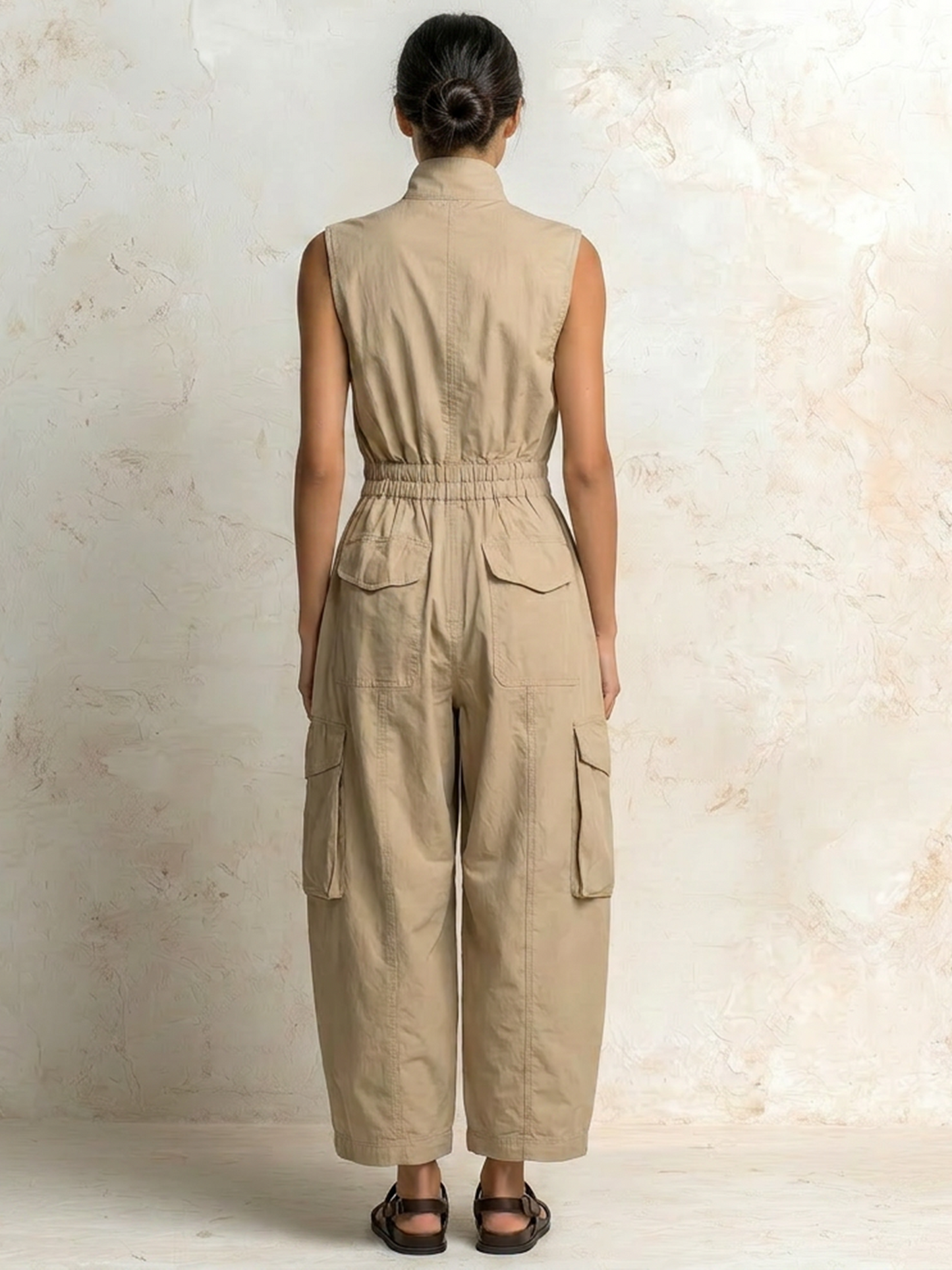 Beige Cotton Twill Sleeveless Utility Cargo Jumpsuit