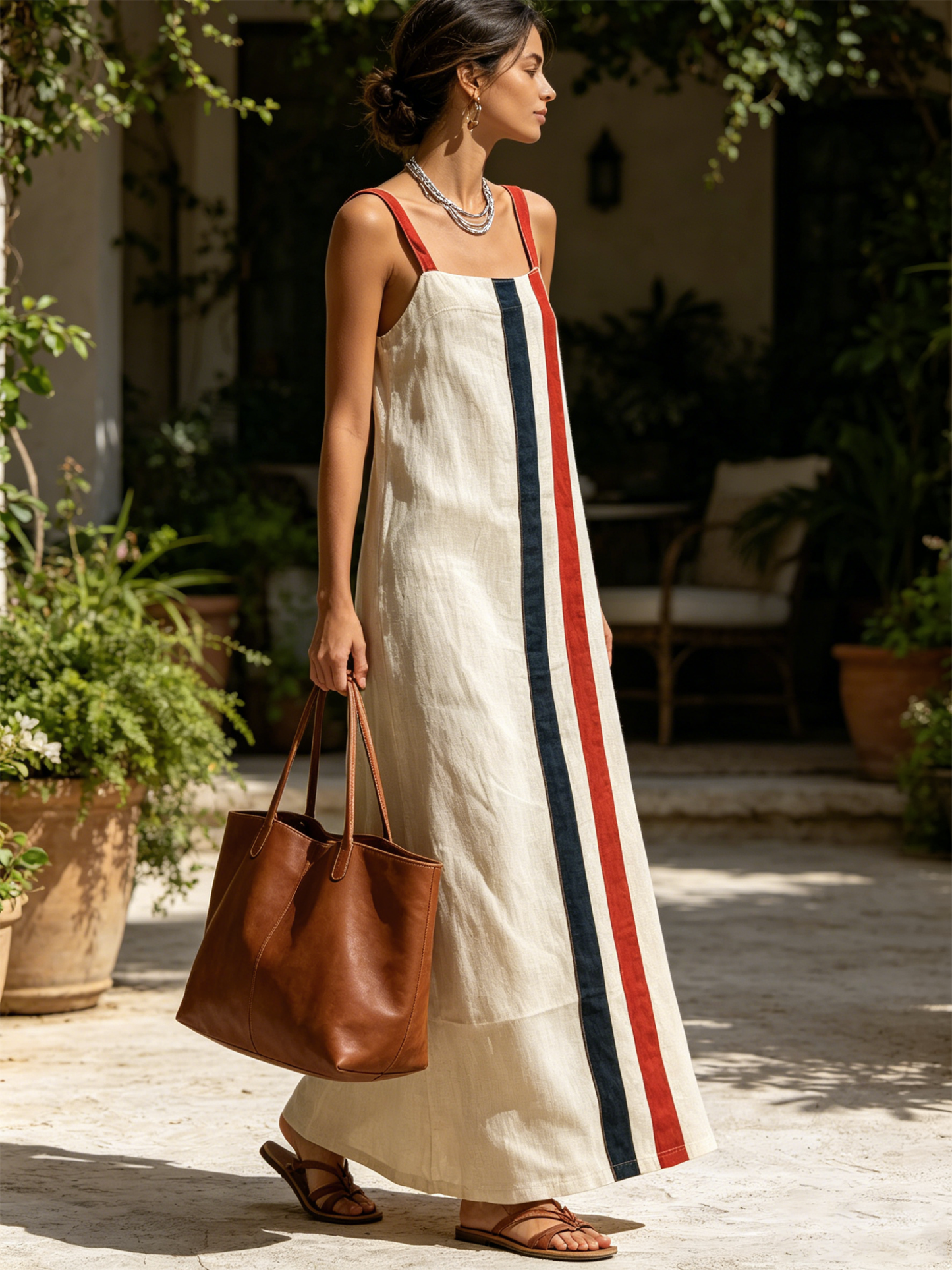 Vertical Stripe Sleeveless Linen-Blend Maxi Dress
