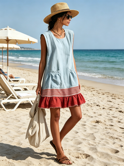 Light Blue Sleeveless Tunic Dress With Red Stripe And Ruffled Hem