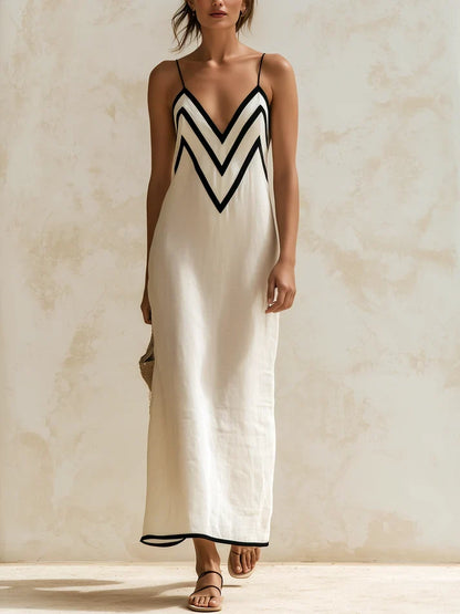 Simona | Vestido Comprido de Alças com Acabamento em Padrão Chevron Contrastante