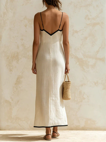 Simona | Vestido Comprido de Alças com Acabamento em Padrão Chevron Contrastante