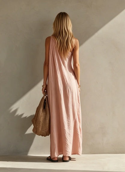 Vestido maxi elegante, sem mangas, com design de um ombro só
