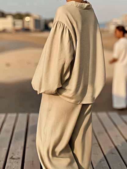 Women's Fashion Casual Daily Solid Color Front Button Long Sleeve Lantern Sleeve Top + Wide-Leg Loose Fit Daily Trousers