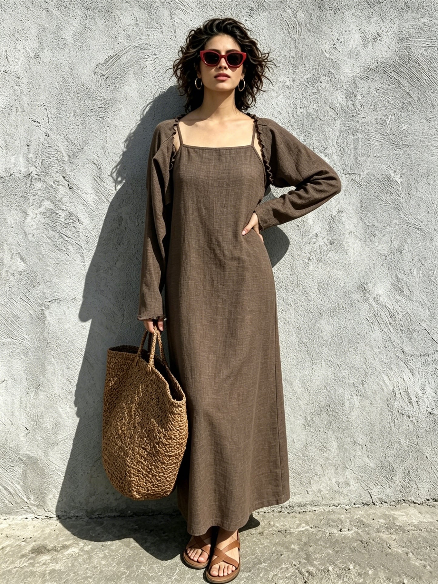Women Linen Look Cami Dress 2pcs Set Long Sleeve Shrug + Square Neck Midi Cami Dress Casual Beach Matching Outfit