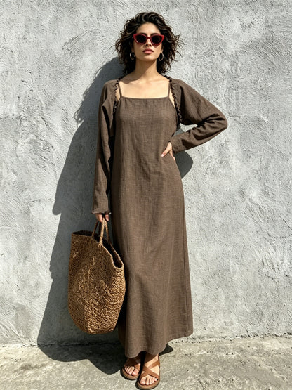 Women Linen Look Cami Dress 2pcs Set Long Sleeve Shrug + Square Neck Midi Cami Dress Casual Beach Matching Outfit