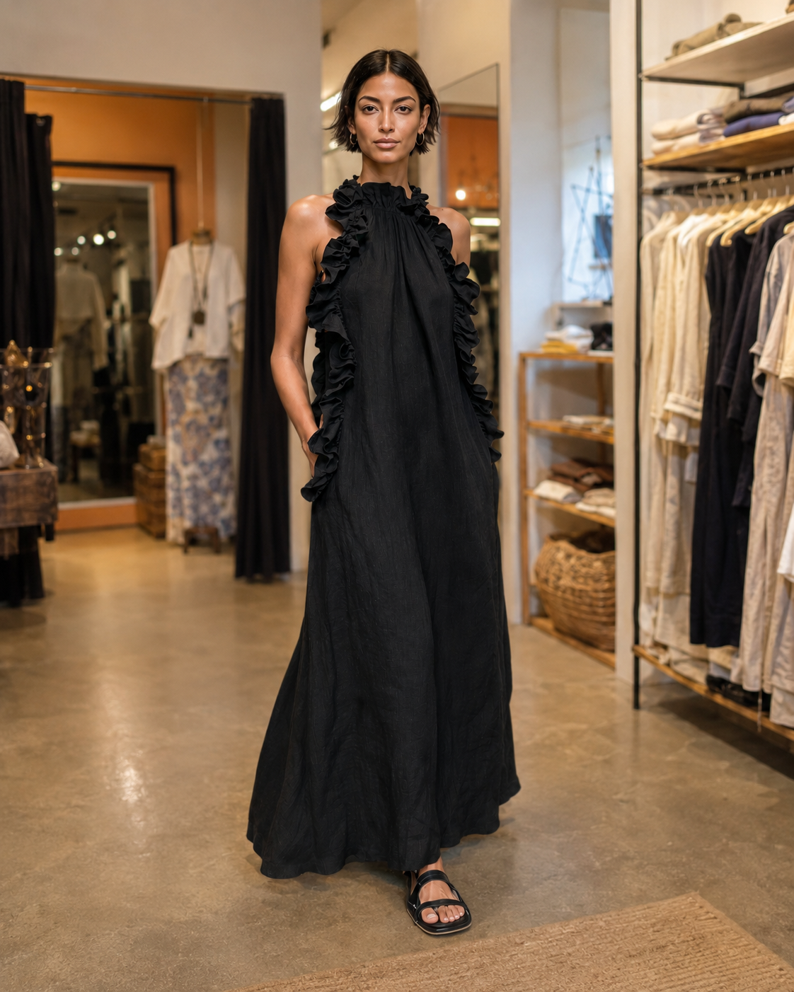 Helena | Mouwloze linnen maxi-jurk met ruches