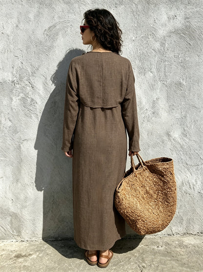 Women Linen Look Cami Dress 2pcs Set Long Sleeve Shrug + Square Neck Midi Cami Dress Casual Beach Matching Outfit