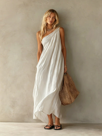 Vestido maxi elegante, sem mangas, com design de um ombro só