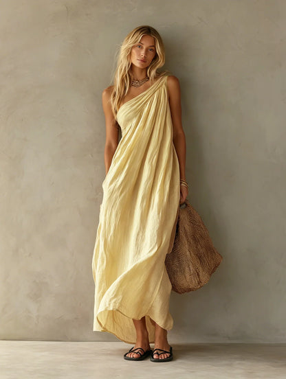 Vestido maxi elegante, sem mangas, com design de um ombro só