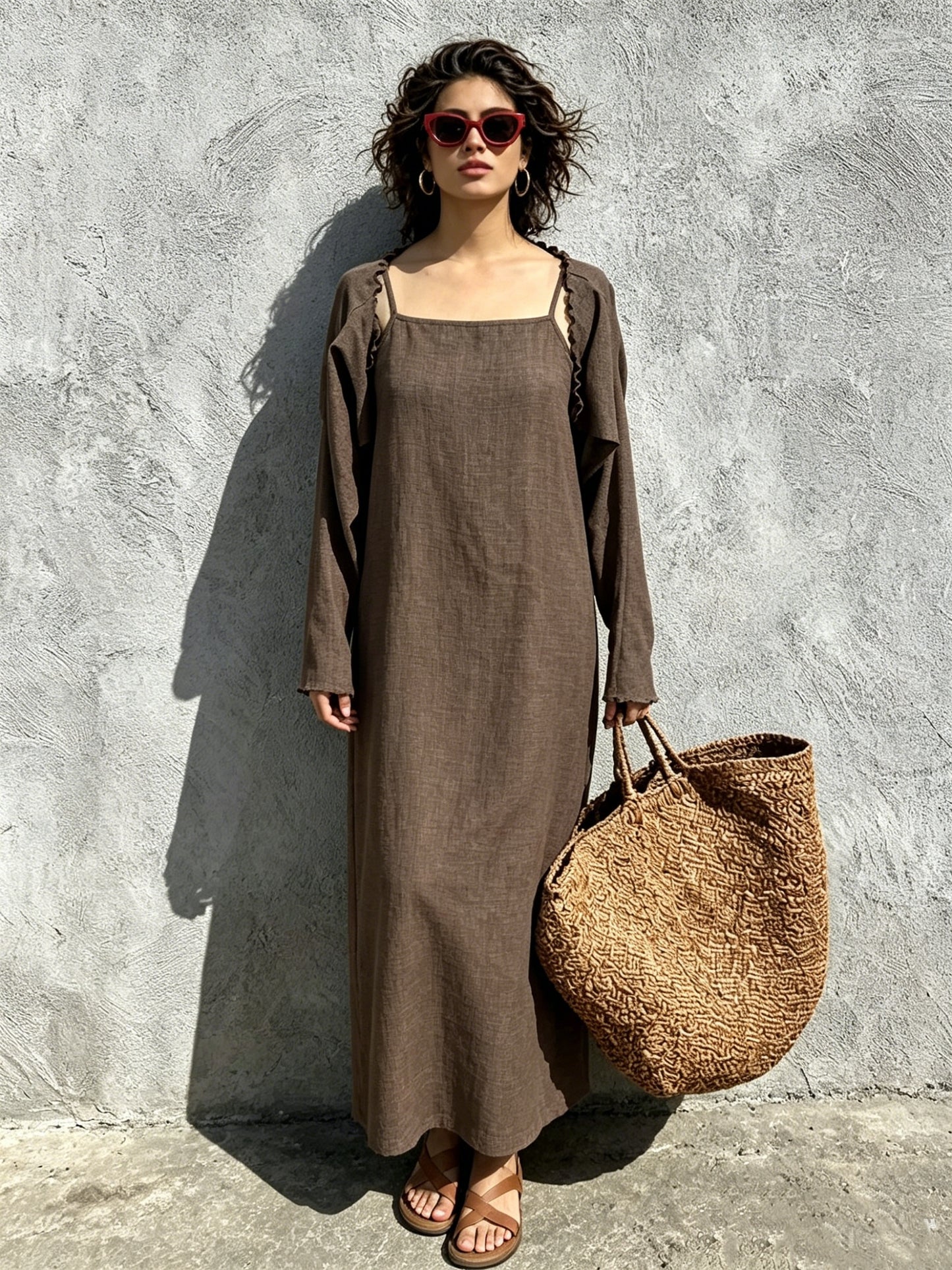 Women Linen Look Cami Dress 2pcs Set Long Sleeve Shrug + Square Neck Midi Cami Dress Casual Beach Matching Outfit