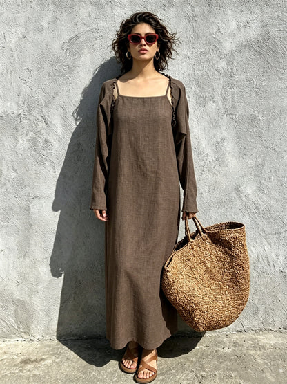 Women Linen Look Cami Dress 2pcs Set Long Sleeve Shrug + Square Neck Midi Cami Dress Casual Beach Matching Outfit