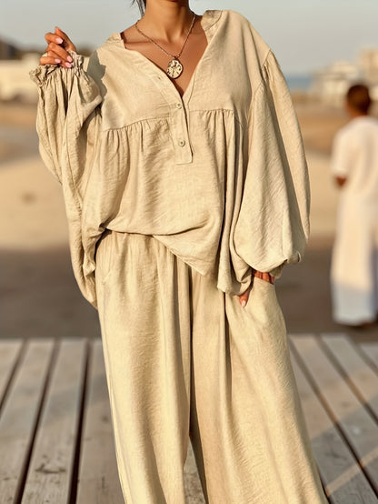 Women's Fashion Casual Daily Solid Color Front Button Long Sleeve Lantern Sleeve Top + Wide-Leg Loose Fit Daily Trousers