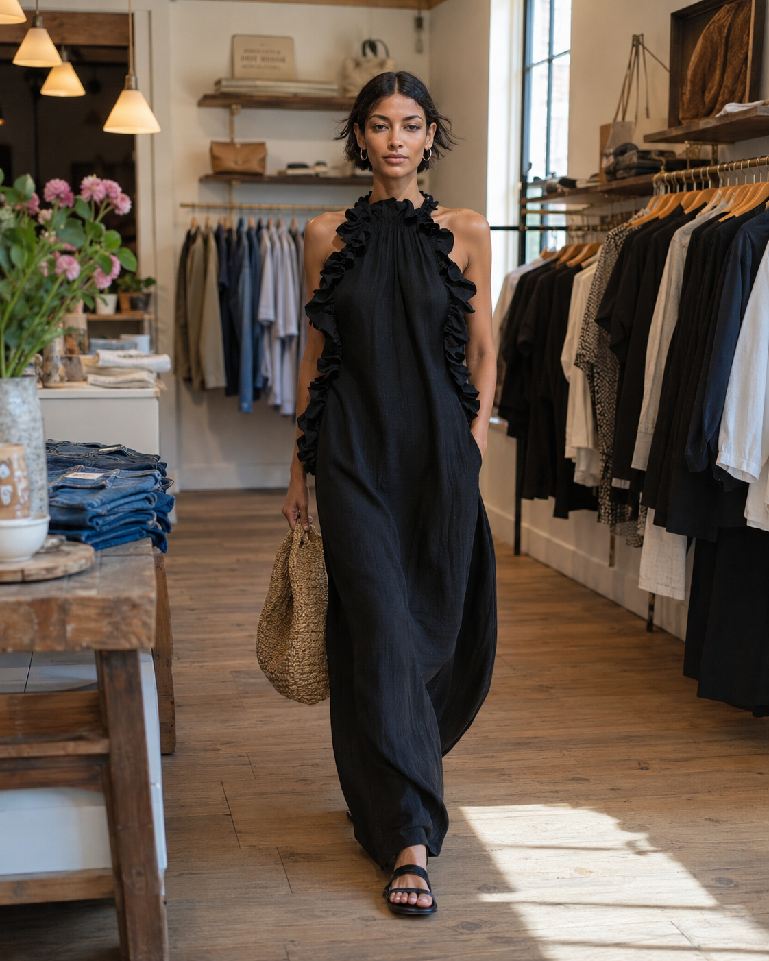 Helena | Mouwloze linnen maxi-jurk met ruches