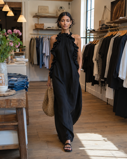 Helena | Mouwloze linnen maxi-jurk met ruches