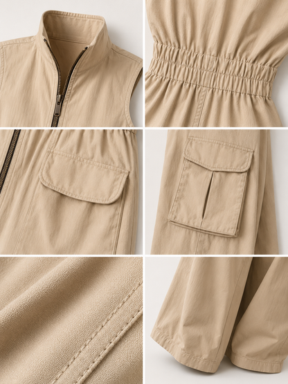 Beige Cotton Twill Sleeveless Utility Cargo Jumpsuit