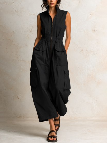 Beige Cotton Twill Sleeveless Utility Cargo Jumpsuit