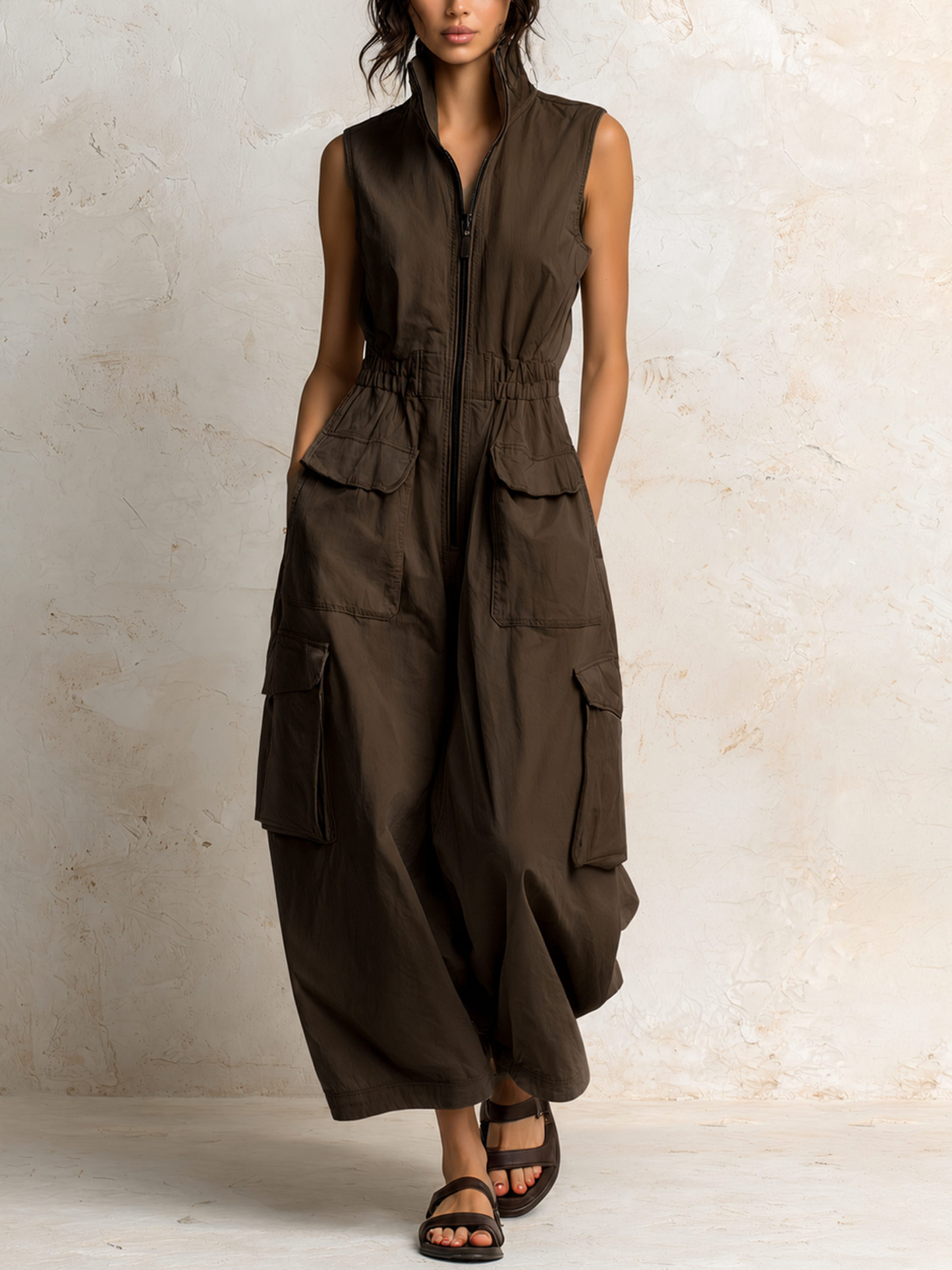 Beige Cotton Twill Sleeveless Utility Cargo Jumpsuit