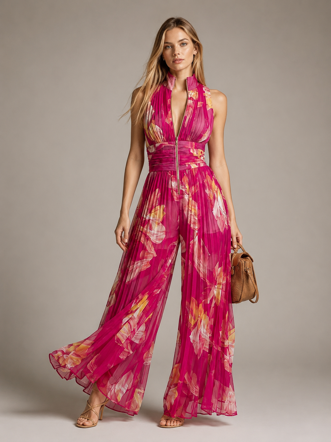 Leila | Fuchsia geplooide bloemenjurk