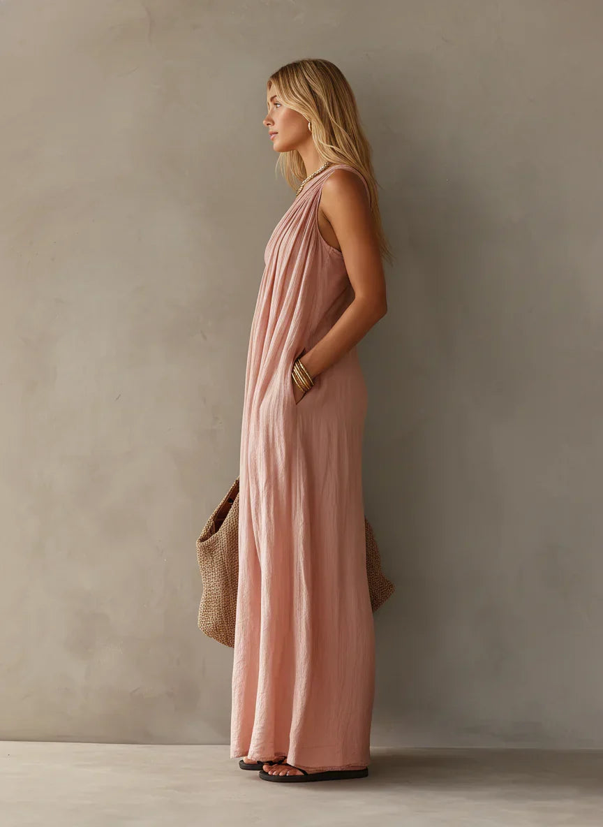 Vestido maxi elegante, sem mangas, com design de um ombro só