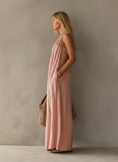 Vestido maxi elegante, sem mangas, com design de um ombro só