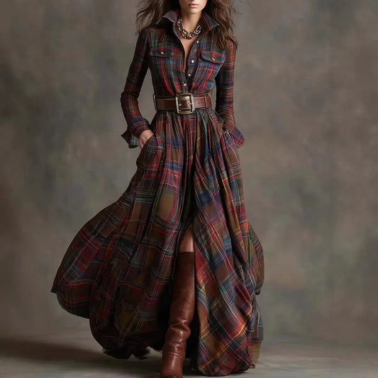 Elizabeth | Plaid-maxi-kjole med bælte