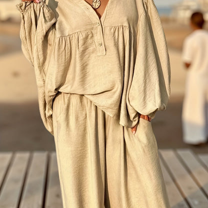 Women's Fashion Casual Daily Solid Color Front Button Long Sleeve Lantern Sleeve Top + Wide-Leg Loose Fit Daily Trousers
