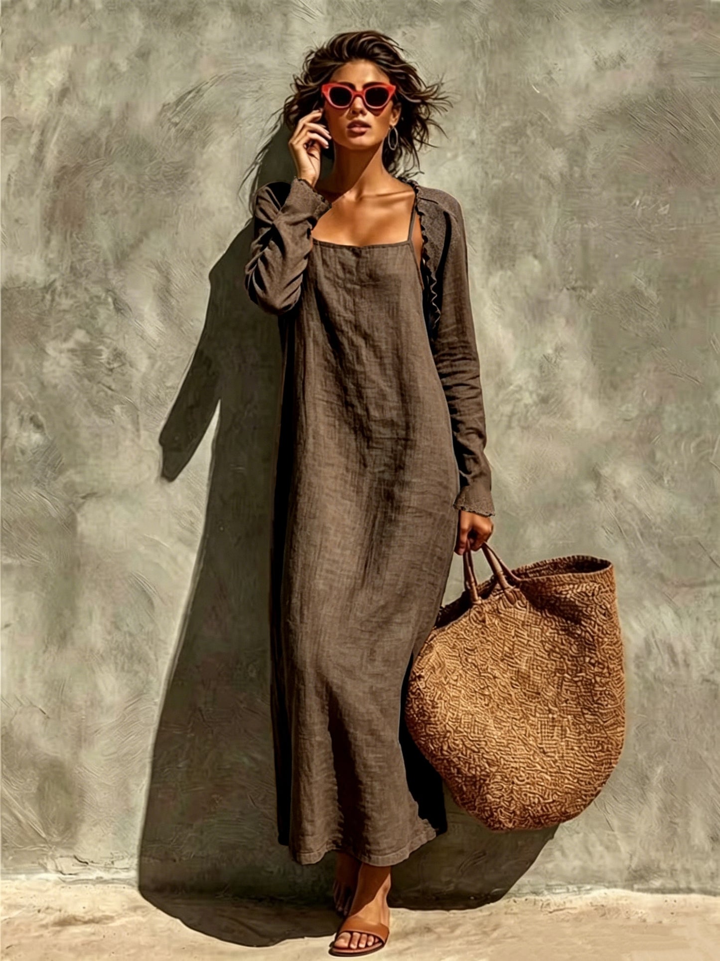 Women Linen Look Cami Dress 2pcs Set Long Sleeve Shrug + Square Neck Midi Cami Dress Casual Beach Matching Outfit