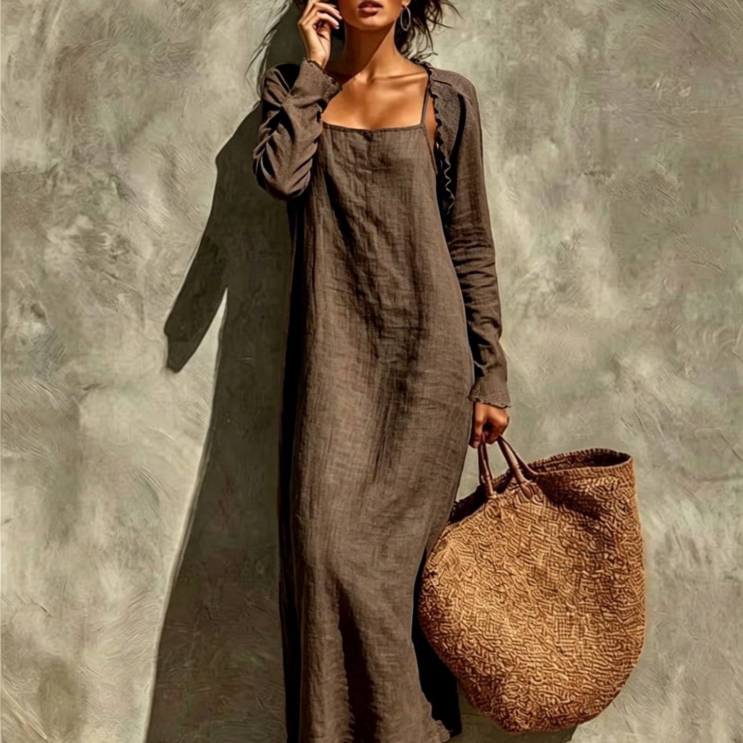 Women Linen Look Cami Dress 2pcs Set Long Sleeve Shrug + Square Neck Midi Cami Dress Casual Beach Matching Outfit