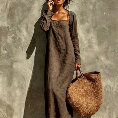 Women Linen Look Cami Dress 2pcs Set Long Sleeve Shrug + Square Neck Midi Cami Dress Casual Beach Matching Outfit