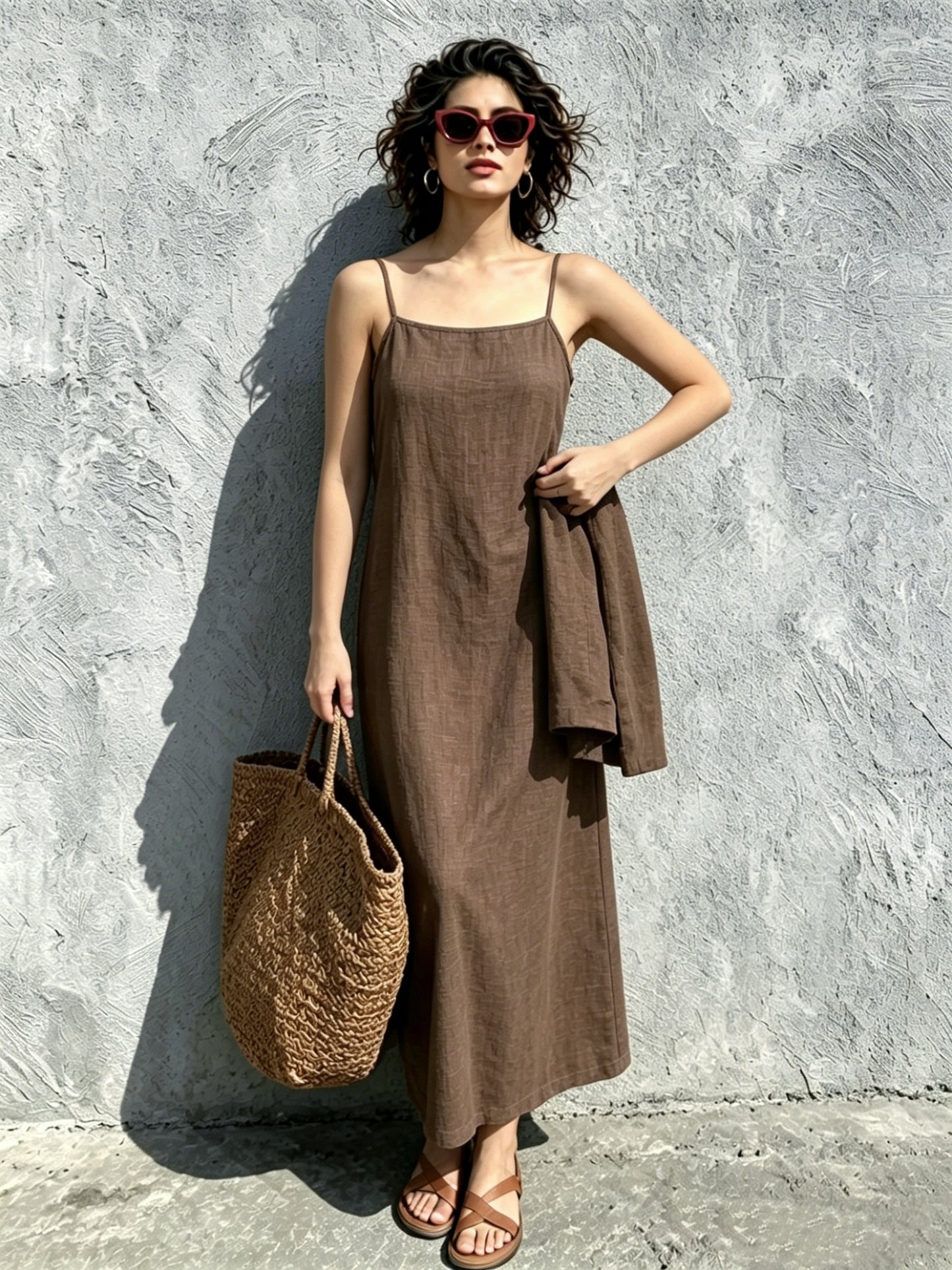 Women Linen Look Cami Dress 2pcs Set Long Sleeve Shrug + Square Neck Midi Cami Dress Casual Beach Matching Outfit