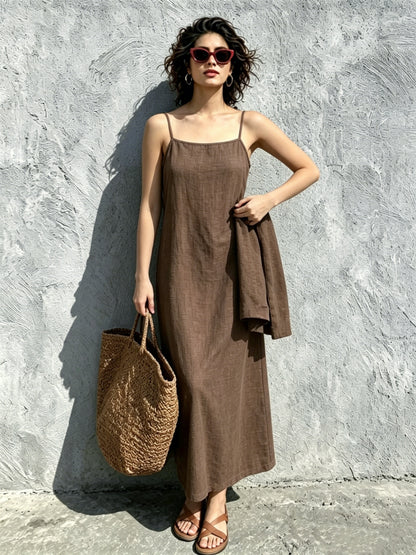 Women Linen Look Cami Dress 2pcs Set Long Sleeve Shrug + Square Neck Midi Cami Dress Casual Beach Matching Outfit
