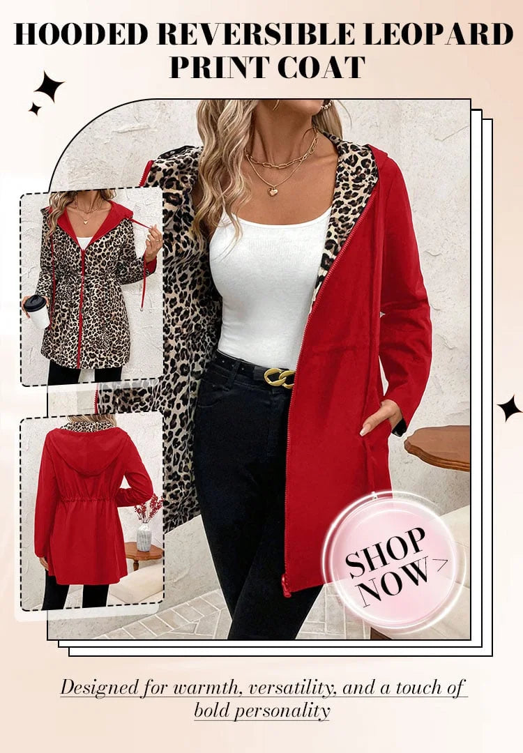 Vendbar frakke med hætte og leopardprint