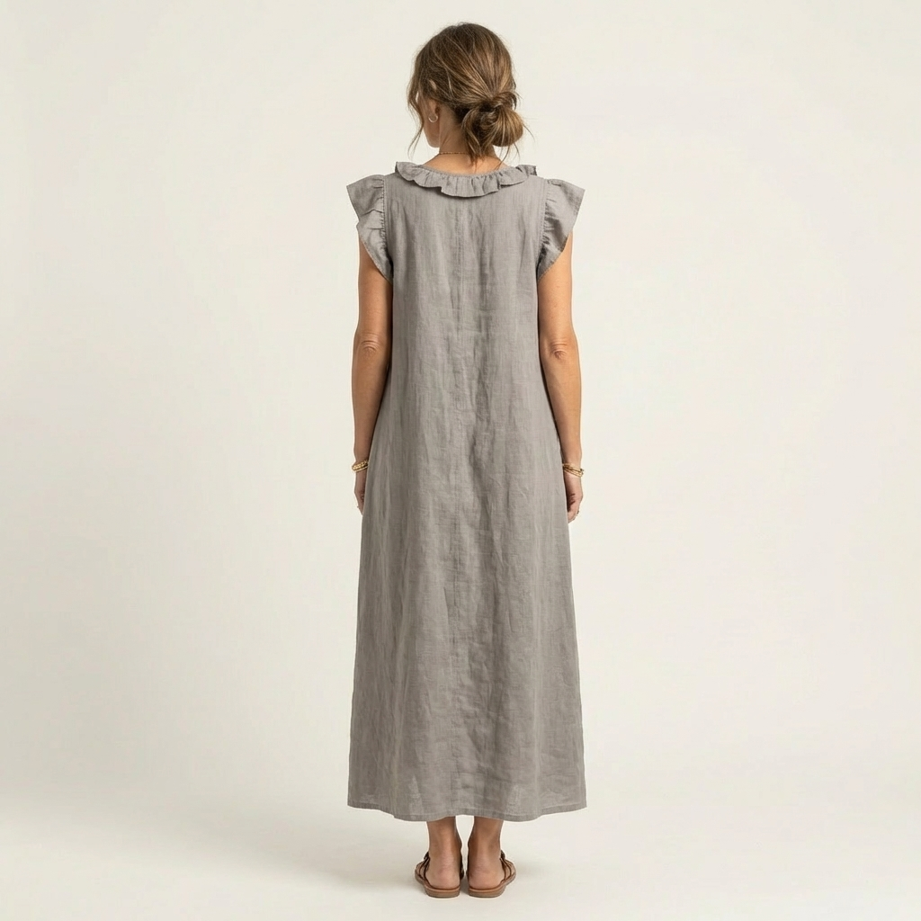 Maria | Linnen maxi-jurk met volant en V-hals