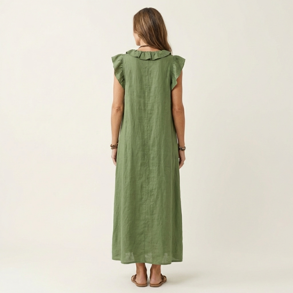 Maria | Linnen maxi-jurk met volant en V-hals