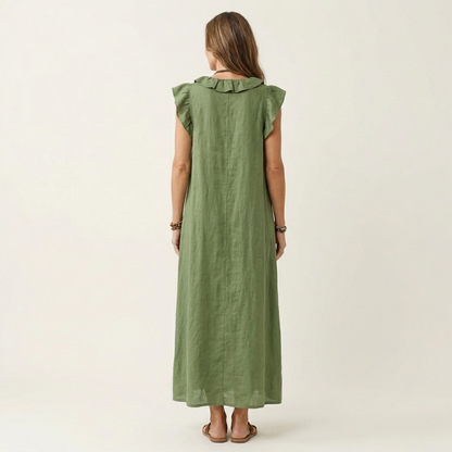 Maria | Linnen maxi-jurk met volant en V-hals